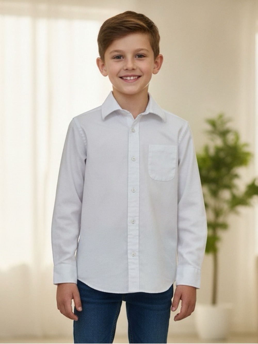 Cat & Jack Boys White Long Sleeve Button Down Shirt Sz M (8) Crisp Basic Staplel